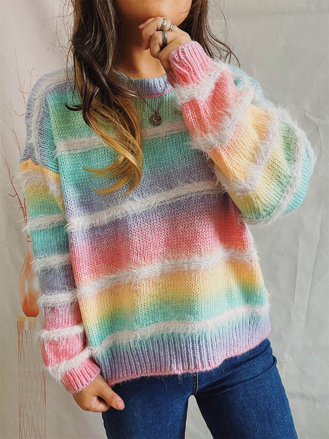 Striped Round Neck Long Sleeve Sweater - Delanoir