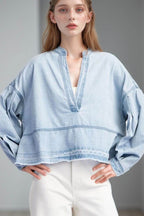 Slit Raw Hem Notched Denim Top - Delanoir