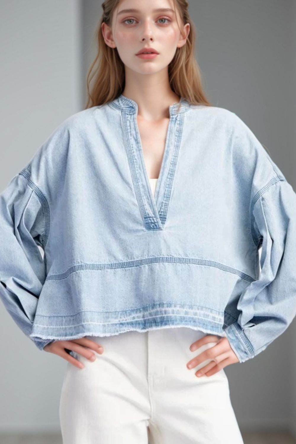 Slit Raw Hem Notched Denim Top - Delanoir