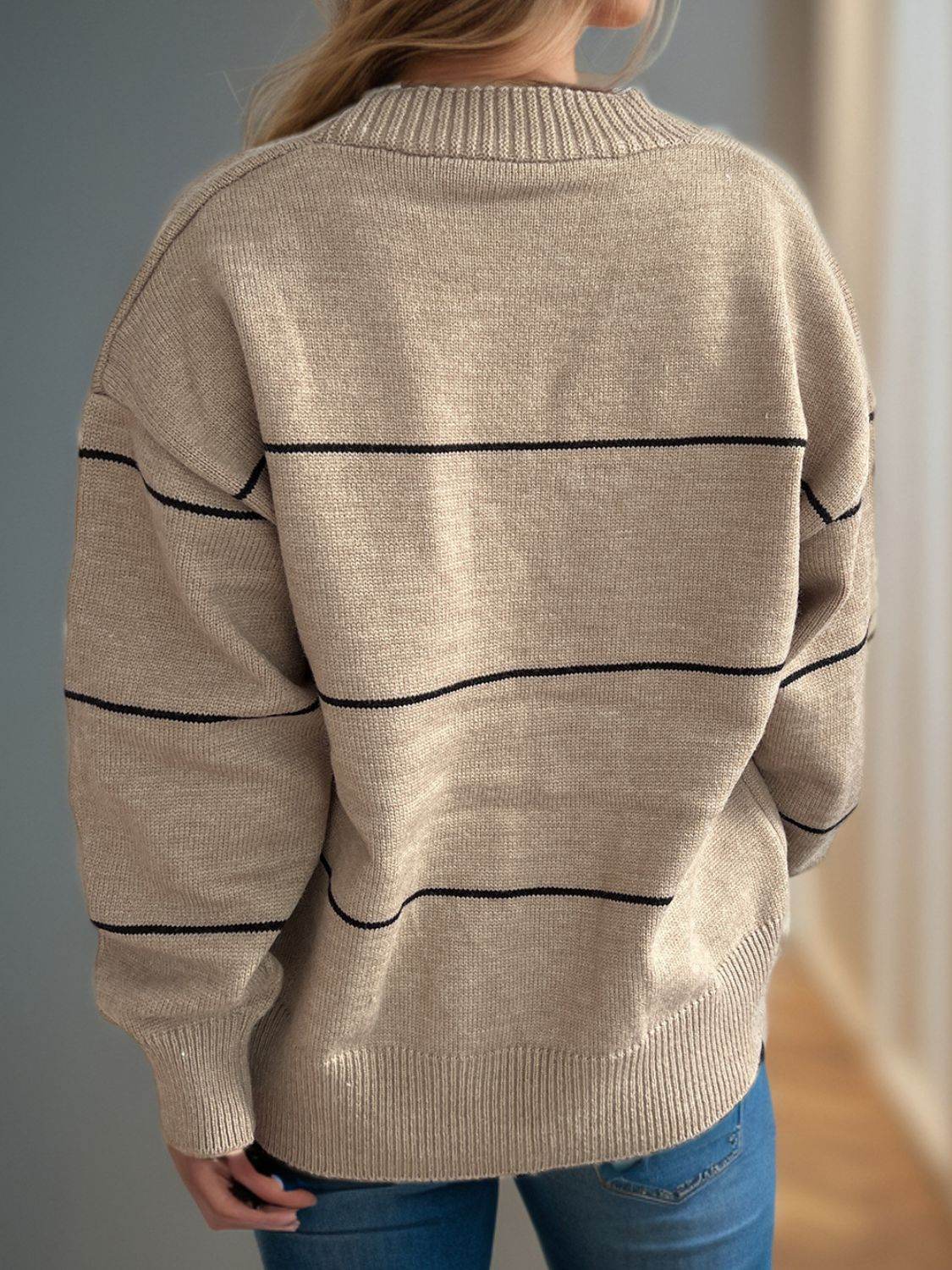 Striped Button Down V-Neck Long Sleeve Cardigan - Delanoir