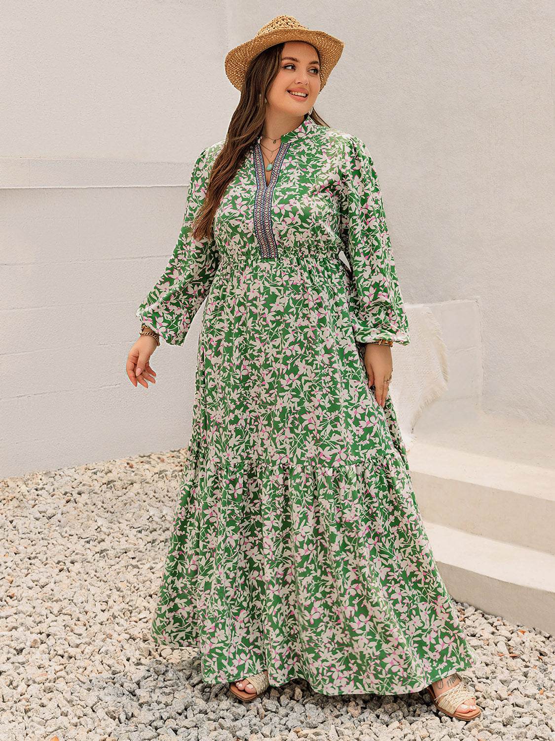 Plus Size Printed Notched Long Sleeve Maxi Dress - Delanoir