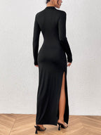 Honey Slit Mock Neck Long Sleeve Maxi Dress - Delanoir