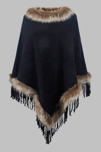 Faux Fur Trim Fringed Poncho - Delanoir