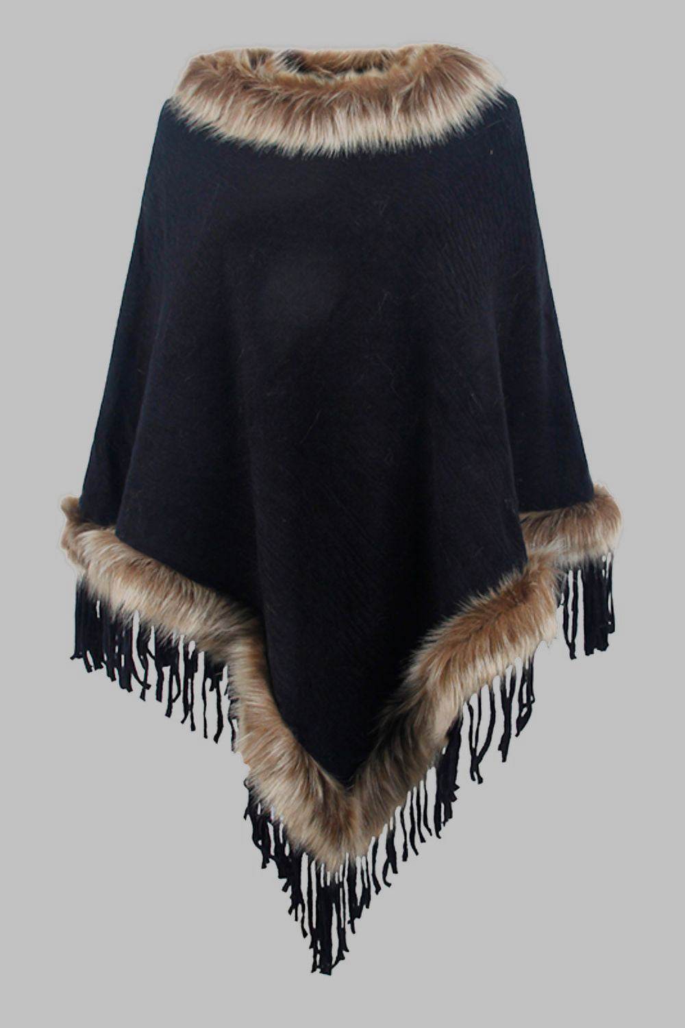 Faux Fur Trim Fringed Poncho - Delanoir