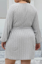 Plus Size Ribbed Tie Front Long Sleeve Sweater Dress - Delanoir