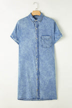 Pocketed Button Up Half Sleeve Denim Dress - Delanoir
