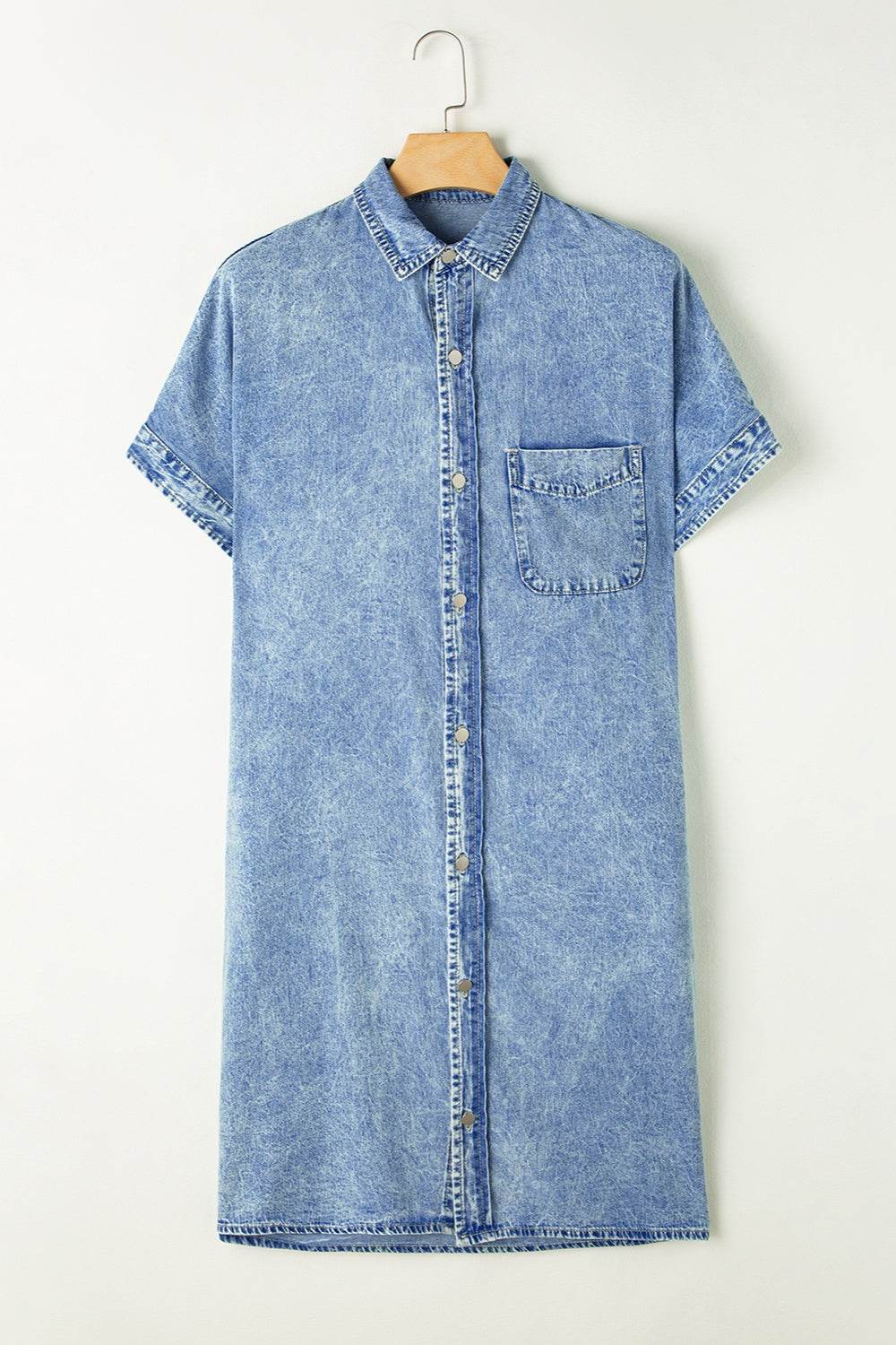 Pocketed Button Up Half Sleeve Denim Dress - Delanoir