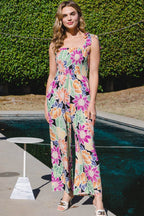 ODDI Full Size Floral Sleeveless Wide Leg Jumpsuit - Delanoir