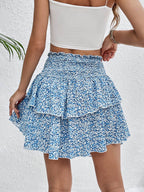 Perfee Smocked Layered Printed Mini Skirt - Delanoir