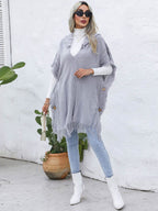 Fringe Trim Buttoned Hooded Poncho - Delanoir