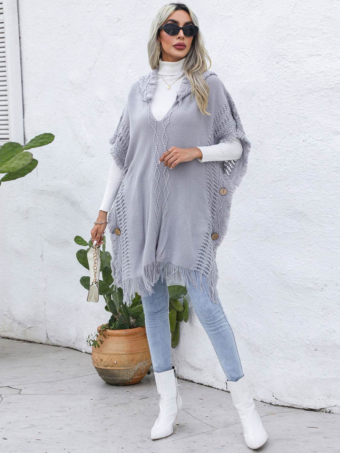 Fringe Trim Buttoned Hooded Poncho - Delanoir