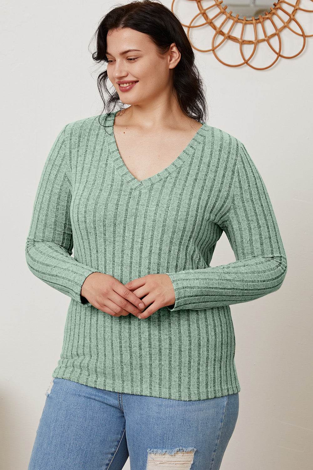 Basic Bae Full Size Ribbed V-Neck Long Sleeve T-Shirt - Delanoir