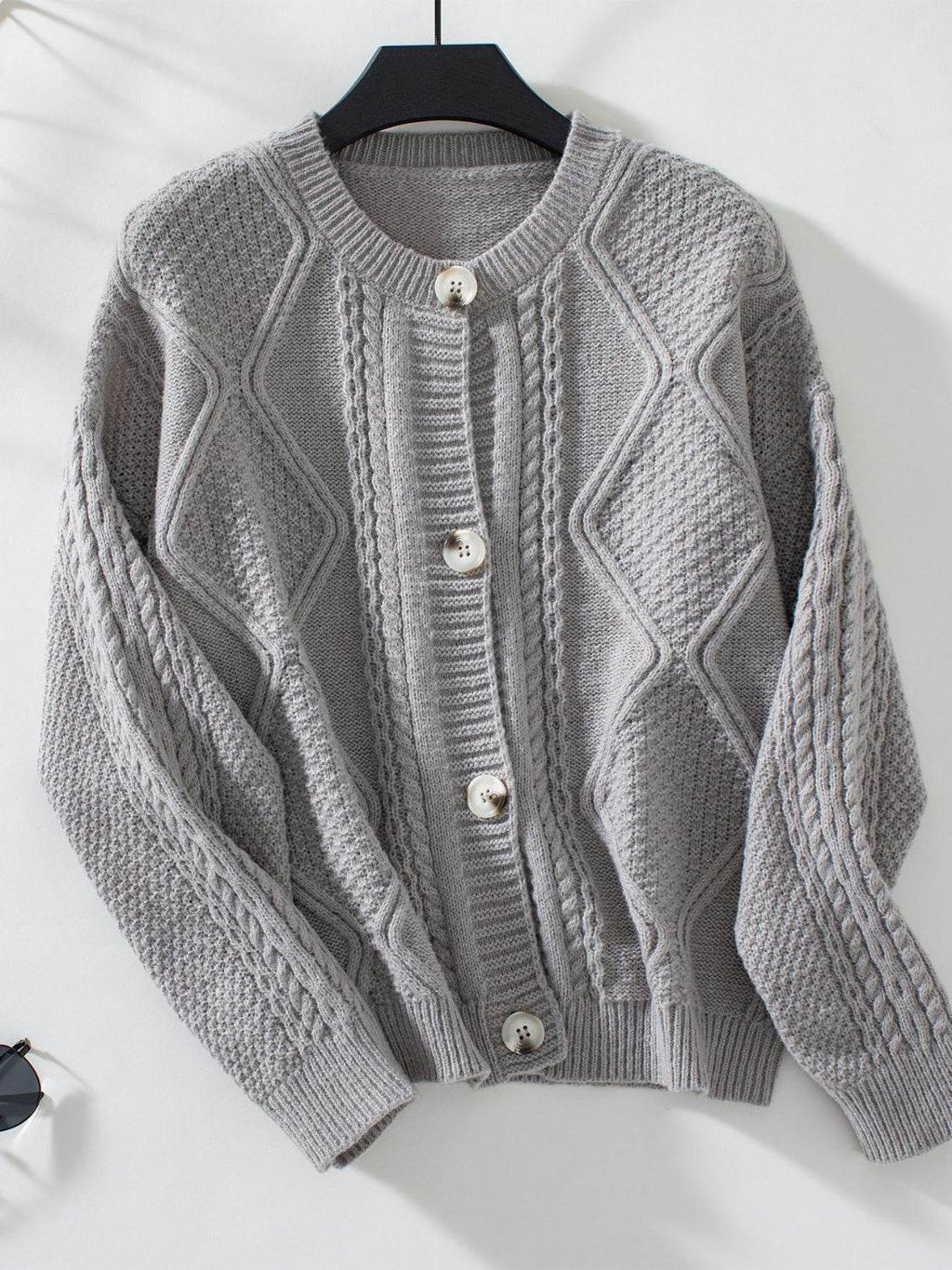 Cable-Knit Round Neck Button Up Cardigan - Delanoir