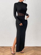 Honey Slit Mock Neck Long Sleeve Maxi Dress - Delanoir