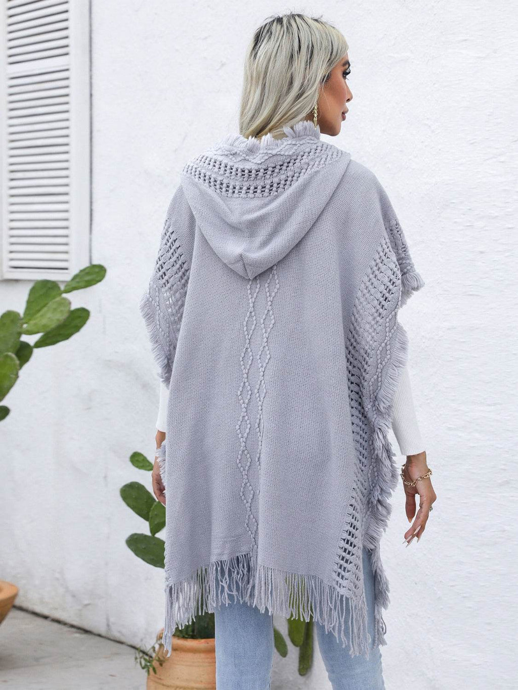 Fringe Trim Buttoned Hooded Poncho - Delanoir
