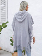 Fringe Trim Buttoned Hooded Poncho - Delanoir