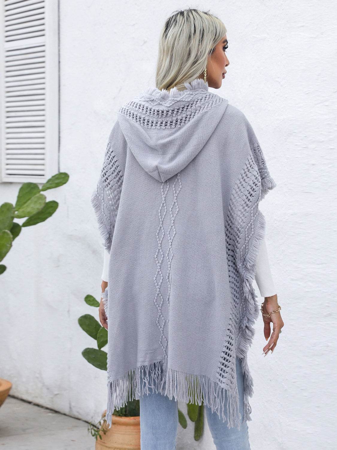 Fringe Trim Buttoned Hooded Poncho - Delanoir