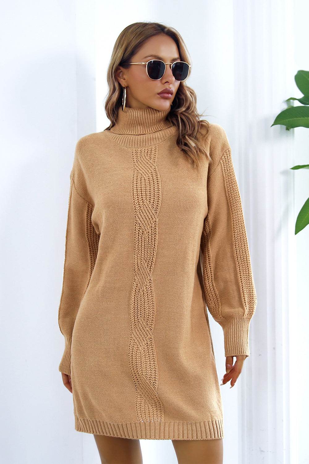 Openwork Turtleneck Long Sleeve Sweater Dress - Delanoir