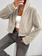 Zip Up Long Sleeve Fuzzy Hooded Jacket - Delanoir