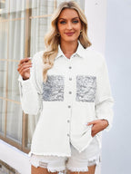 Raw Hem Button Up Long Sleeve Denim Jacket with Sequin Pockets - Delanoir