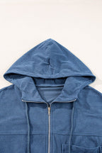 Pocketed Zip Up Long Sleeve Hooded Jacket - Delanoir