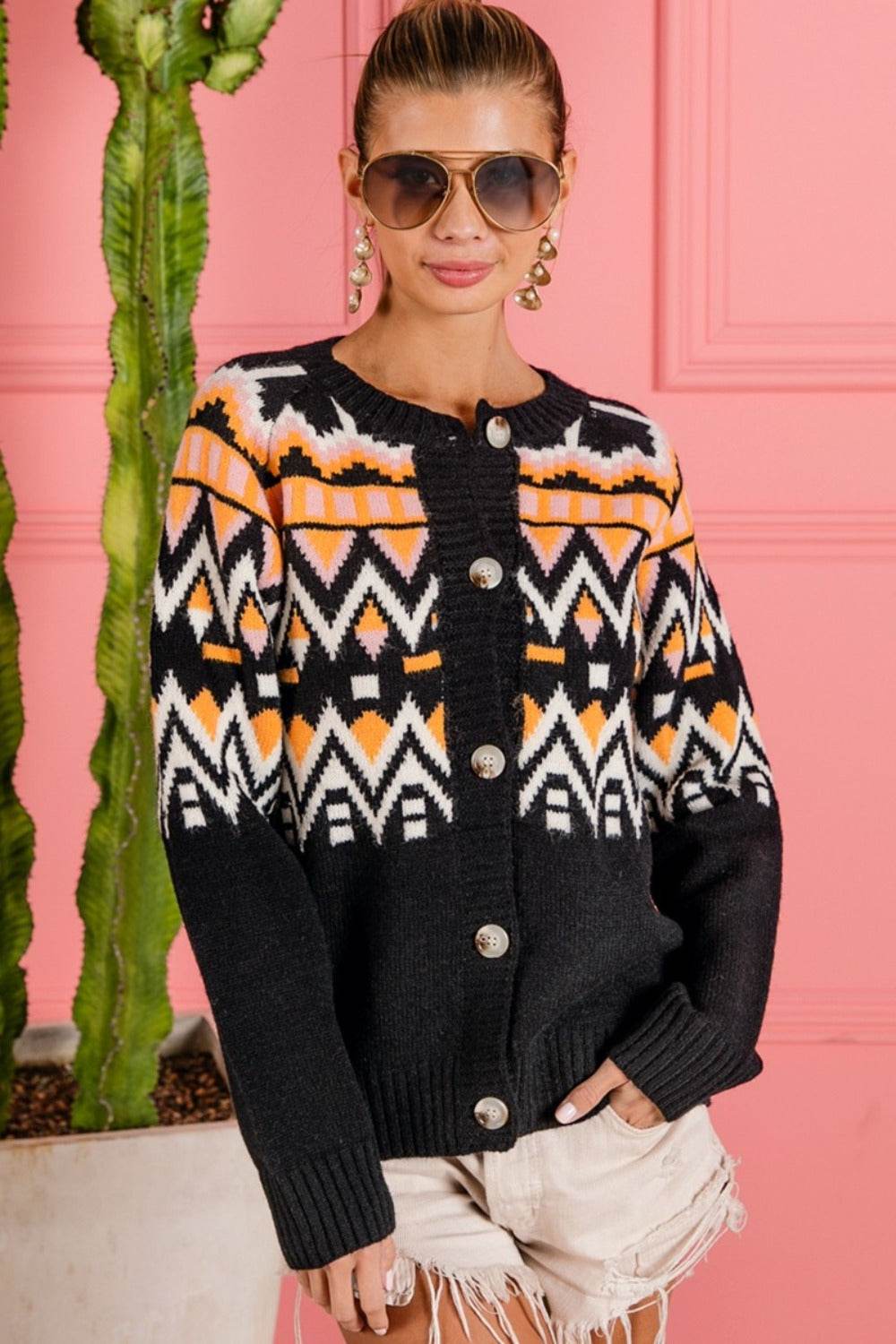 BiBi Ethnic Pattern Button Up Knit Cardigan - Delanoir