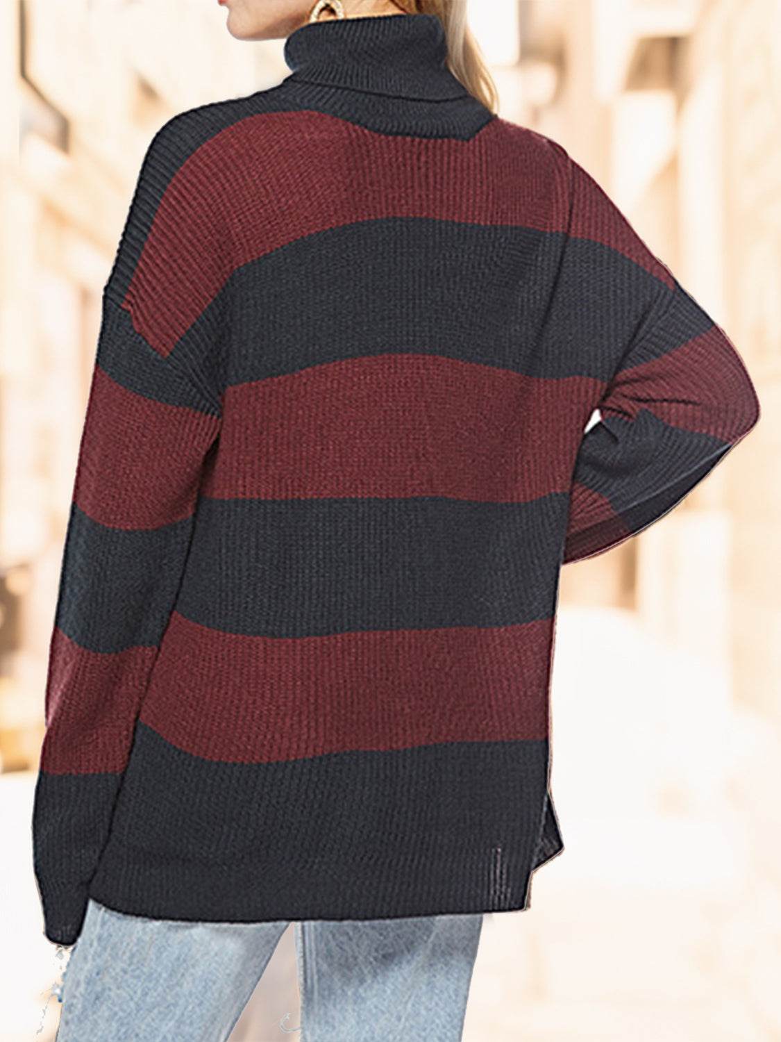 Striped Turtleneck Long Sleeve Sweater - Delanoir