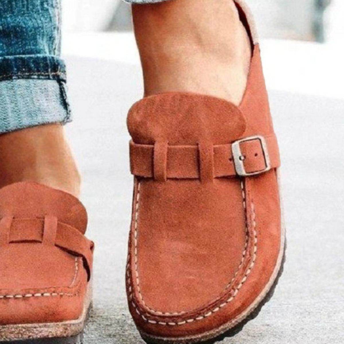 Round Toe Low Heel Buckle Loafers - Delanoir