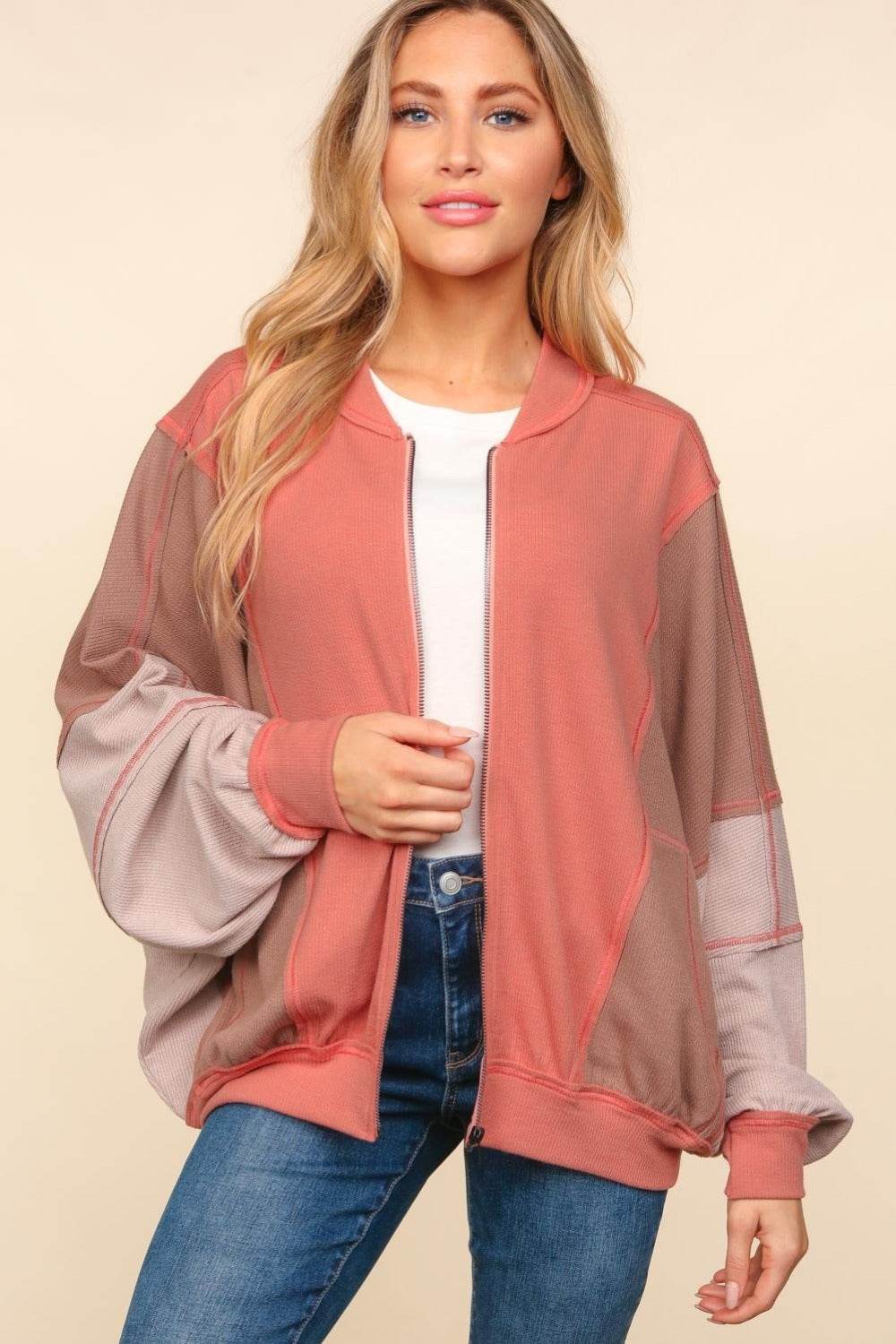 Haptics Zip Up Color Block Bomber Jacket with Side Pockets - Delanoir