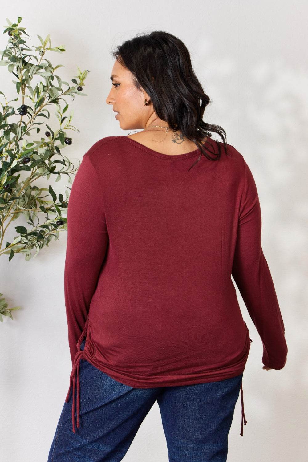 Culture Code Full Size Drawstring Round Neck Long Sleeve Top - Delanoir