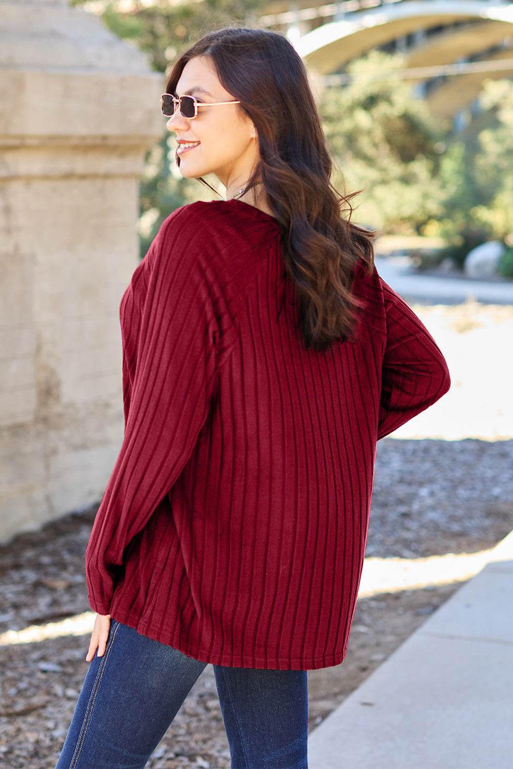 Basic Bae Full Size Ribbed Round Neck Long Sleeve Knit Top - Delanoir