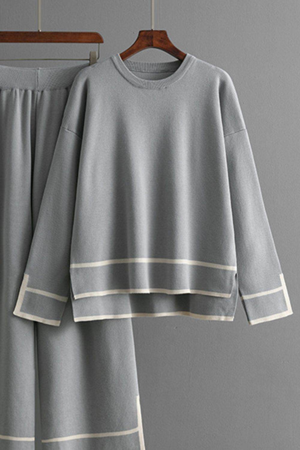 High-Low Round Neck Top and Pants Sweater Set - Delanoir