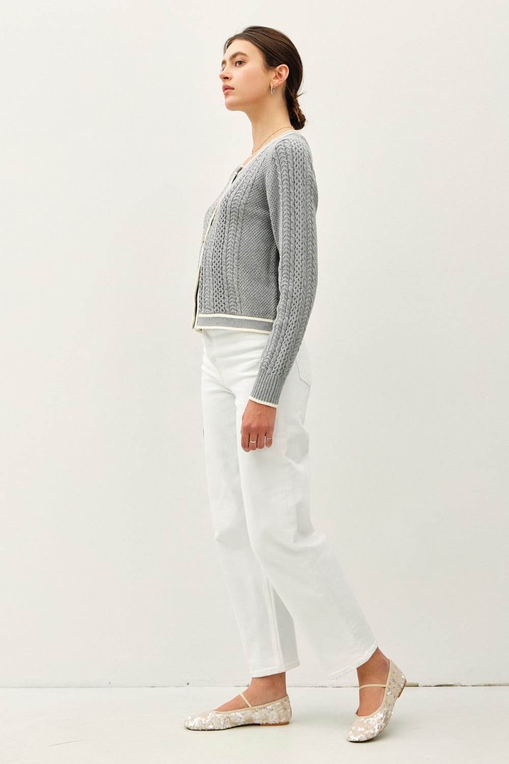 Be Cool Cable Knit Long Sleeve Contrast Edge Cardigan - Delanoir