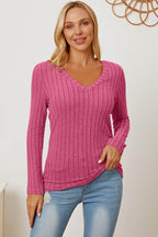 Basic Bae Full Size Ribbed V-Neck Long Sleeve T-Shirt - Delanoir
