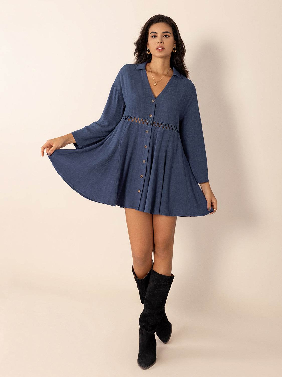Cutout Johnny Collar Long Sleeve Mini Dress - Delanoir