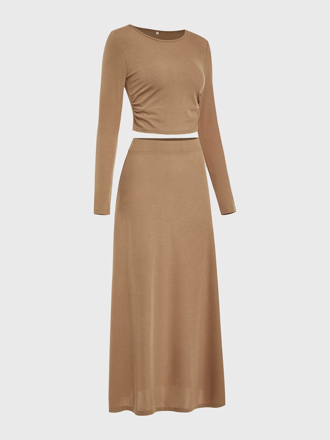 Round Neck Long Sleeve Top and Skirt Set - Delanoir