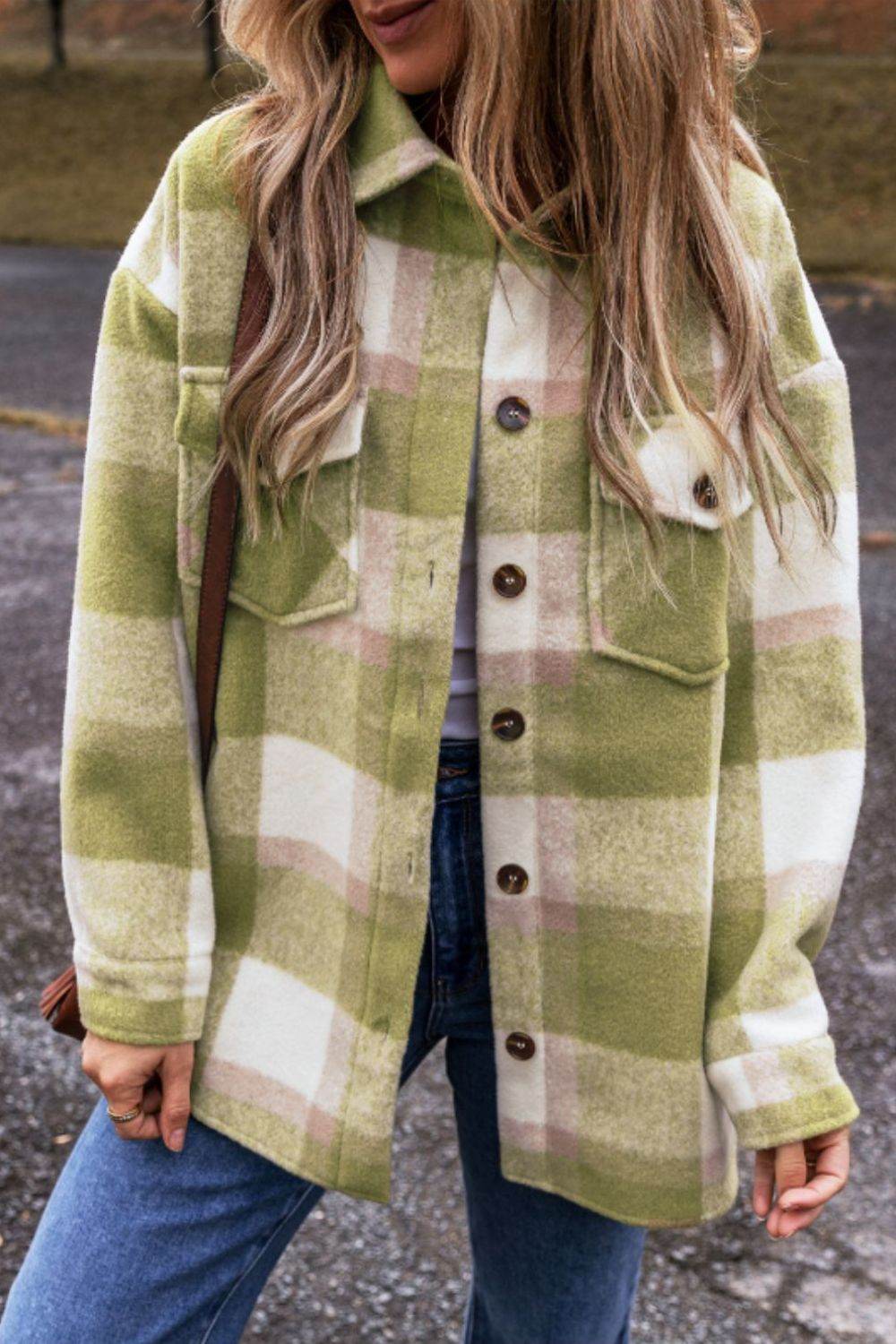 Pocketed Plaid Collared Neck Shacket - Delanoir