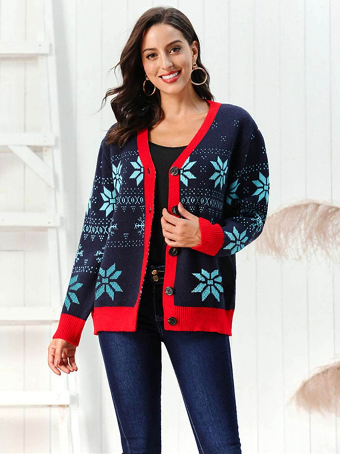 Snowflake Pattern Button Down Cardigan - Delanoir