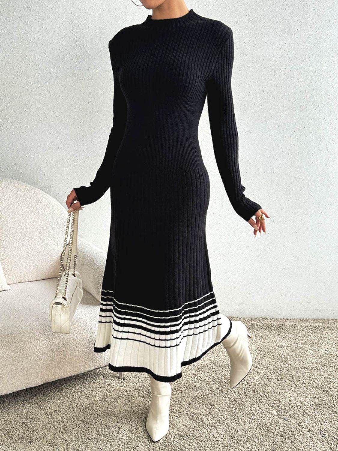 Contrast Mock Neck Long Sleeve Sweater Dress - Delanoir