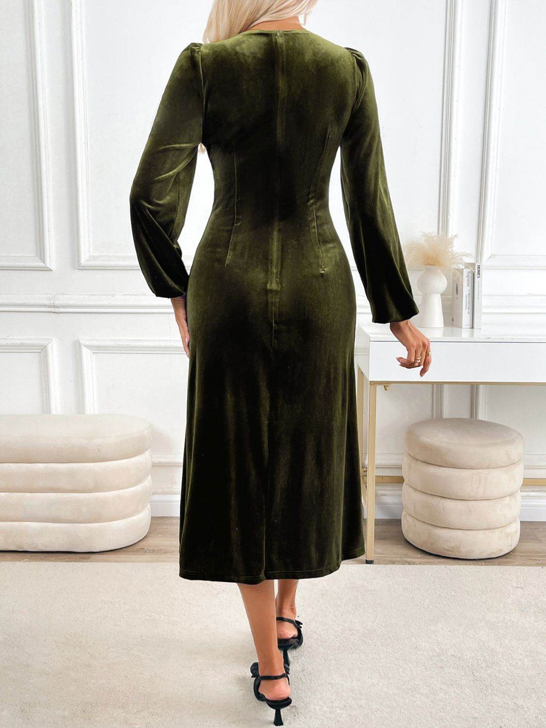 Perfee Slit V-Neck Long Sleeve Midi Dress - Delanoir