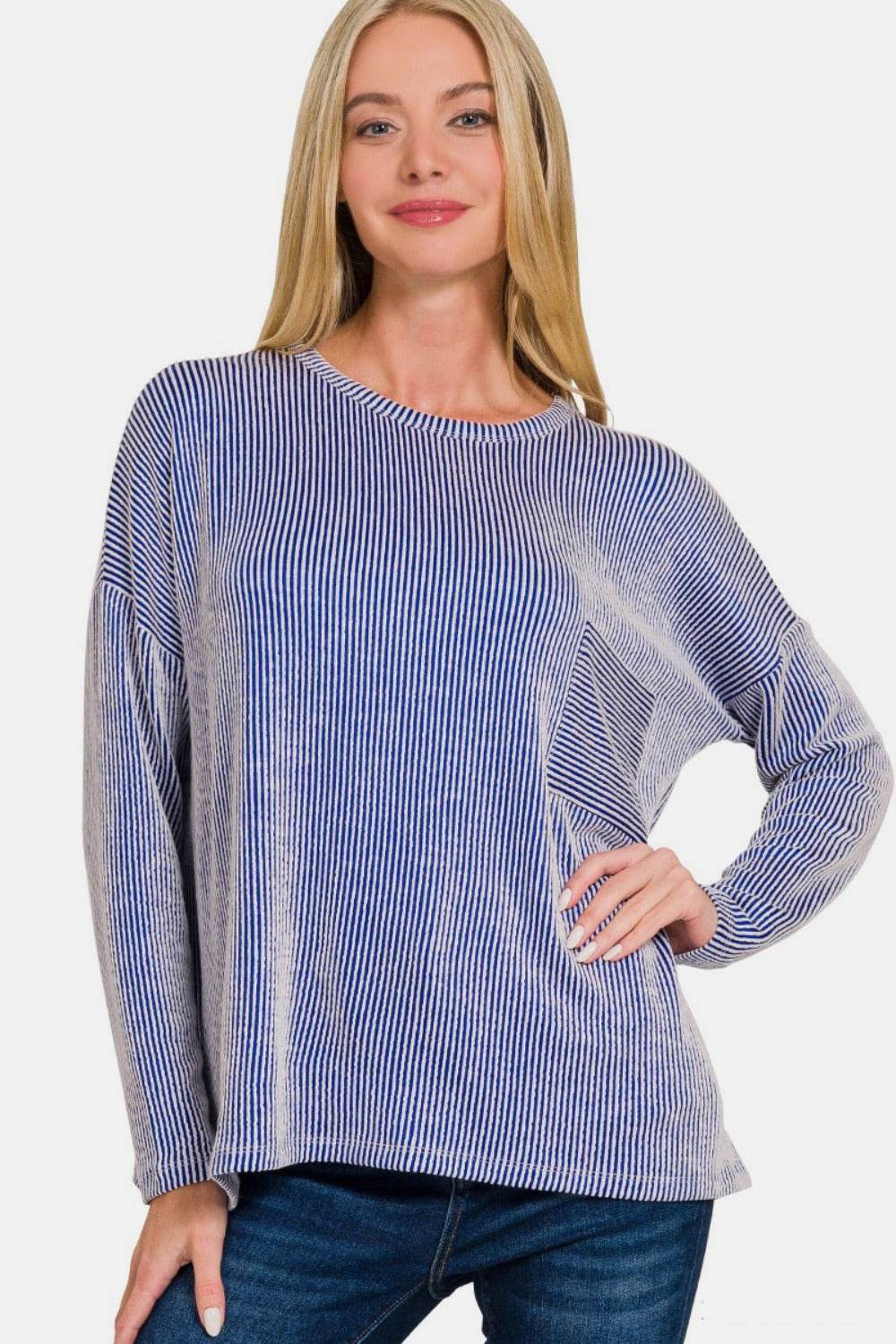 Zenana Ribbed Striped Long Sleeve T-Shirt - Delanoir