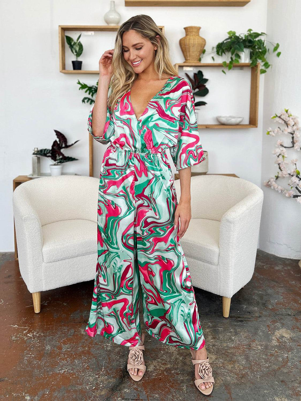 Double Take Full Size Half Sleeve Wide Leg Jumpsuit - Delanoir
