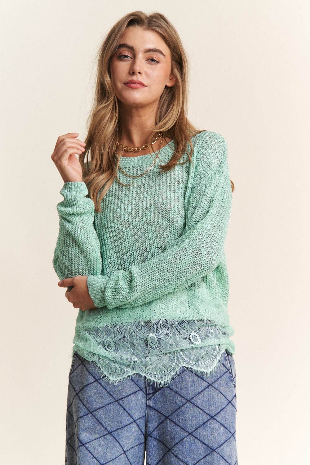 J.NNA Lace Detail Long Sleeve Knit Top - Delanoir