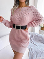 Openwork Boat Neck Sweater Dress - Delanoir