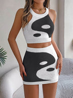 Round Neck Sleeveless Top and Skirt Knit Set - Delanoir