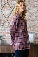 Heimish Full Size Plaid V-Neck Long Sleeve Top - Delanoir