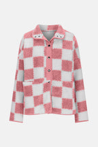 Checkered Snap Down Long Sleeve Teddy Jacket - Delanoir