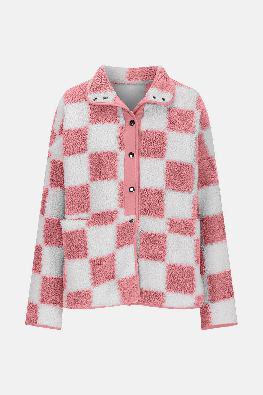 Checkered Snap Down Long Sleeve Teddy Jacket - Delanoir