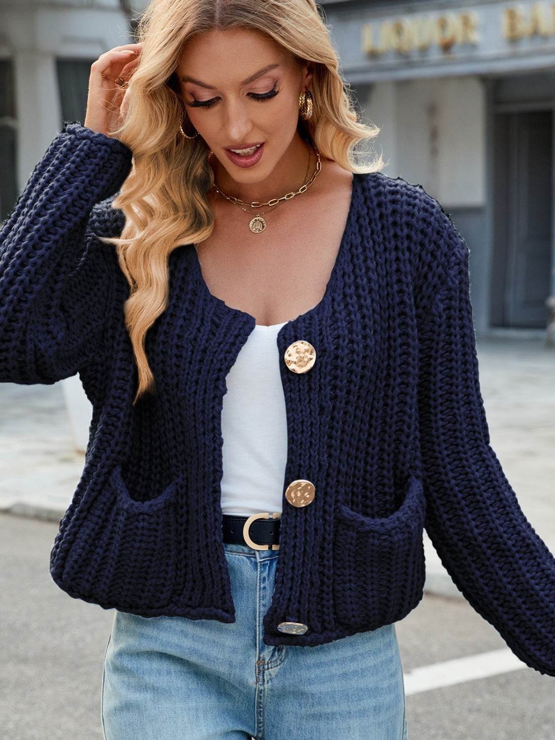 Round Neck Button Up Cardigan with Pockets - Delanoir
