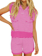 Striped Cap Sleeve Top and Shorts Sweater Set - Delanoir